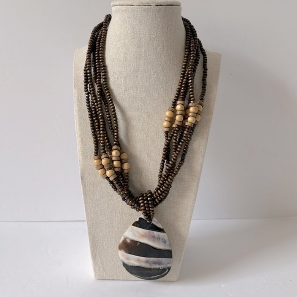Multi-Strand Wooden Beads Necklace with Shell Mother of Pearl Pendant 6 Strands